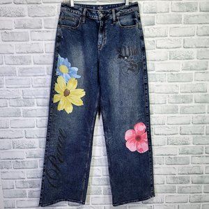Hollister 11R W30 Dark Wash High Rise Vintage Stretch Wide‎ Leg Jeans Graphic